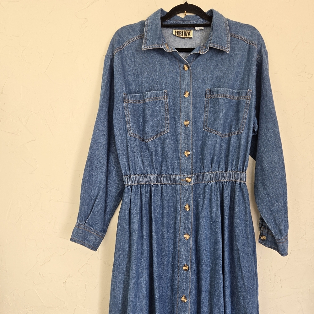 Vintage 90s Denim Jean Long Sleeve Button Front Dress - Picture 2 of 7